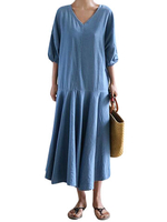 Women Lantern Sleeve V-neck Pure Color Long Maxi Dresses
