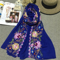 Women Linen Cotton Scraves Flower Embroidery National Style Stole Long Shawl Wrap