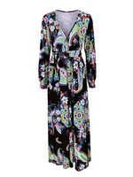 Women Long Sleeve Deep V-Neck Floral Printed Maxi Dresses