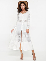 Women Long Sleeve Lace Stitching V-neck Maxi Dresses