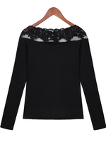 Women Long Sleeve O Neck Lace Crochet Stripe Knit Blouse
