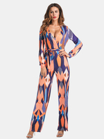 Women Long Sleeve Stripe Printed Belted V-neck Jumpsuits