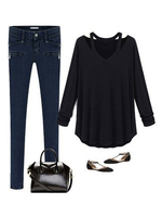 Women Long Sleeve V Neck Off Shoulder Loose T-shirt