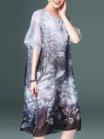Women Loose Printed O-Neck Half Sleeve Two-Layer Dresses