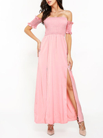 Women Off Shoulder Side Split Long Maxi Pure Color Sexy Dresses