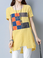 Women Patchwork Short Sleeve Irregular Hem T-shirts