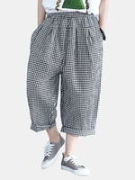 Women Plaid Elastic Waist Casual Wide Leg Harem Pants