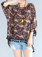 Women Printed Chifffon Tassel 3/4 Sleeve Loose T-shirts