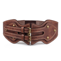 Women PU Leather Needle Buckle Elastic Wide Belt Brown Color Wistband Strap
