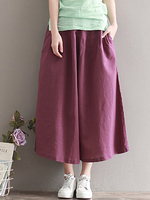 Women Pure Color Elastic Waist Vintage Wide Leg Pants
