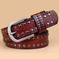 Women Rivet Punk Style Cowhide Leather Belts Casual Vintage Pin Buckle Wide Waistband