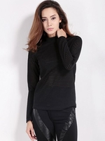 Women Sexy Stripe See-through O-neck Long Sleeve Tops
