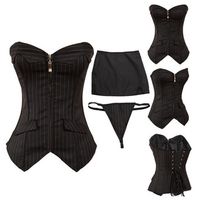 Women Sexy Stripe Zipper Front Bustier Suits Elegant Short Skirt Business Corset Sets