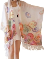 Women Sexy Tassels Chiffon Bikini Cover Up Transparent Printing Shawl Beachwear