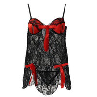 Women Sexy Transparent Floral Lace Babydoll Bow V-Strings Temptation Sleepwear