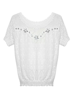 Women Short Sleeve Lace Hollow Out Beaded Embroidery Blouse
