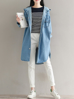 Women Single-Breasted Long Sleeve Side Split Hooded Denim Coats