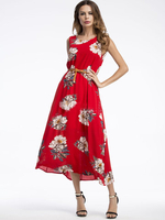 Women Sleeveless Floral Printed O-Neck Long Dresses