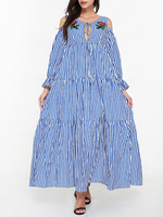 Women Stripe Long Sleeve Off Shoulder Hollow Maxi Dresses