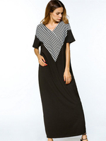 Women Stripe V-Neck Short Sleeve Loose Long Maxi Dresses