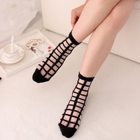 Women Ultra-Thin Transparent Plaid Grid Crystal Silk Mesh Lace Ankle Socks