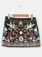 Women Vintage Floral Embroidery A-line High Waist Mini Skirt