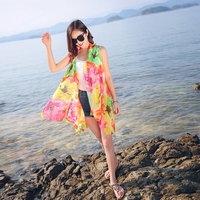 Women Vintage Print Floral Beach Towels Chiffon Scarf Outdoor Sunscreen Shawl Scarves