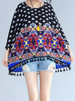 Women Vintage Printed 3/4 Sleeve Tassel Chiffon Loose T-shirts