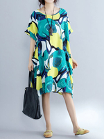 Women Vintage Printed Short Sleeve O-neck Loose Dresses
