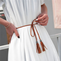 Women Waist Chain Belt Braided Tassels Thin Wild Bow Rope Knotted Decorative Waistband