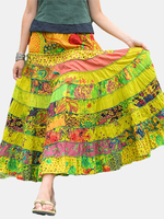 ZHI Patchwork Elastic Waist Printed Long Skirts For Women