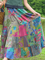 ZHI Vintage Patchwork Elastic Waist Printed Maxi Skirts