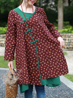 ZHI Women Printed Two Layers Plate Buckle Long Sleeve Loose Shirts