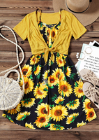 2 Pcs Sunflower Cami Dress with Knotted Top - Navy Blue