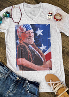 American Flag Willie Nelson T-Shirt Tee - Light Grey