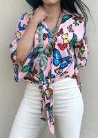 Butterfly Tie V-Neck Blouse without Necklace -Pink