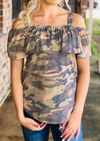 Camouflage Printed Cold Shoulder Blouse -Camouflage