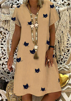Cat V-Neck Short Sleeve Mini Dress without Necklace - Khaki