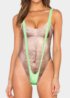 Chest Hair Printed Splicing One-Piece Swimsuit - Green