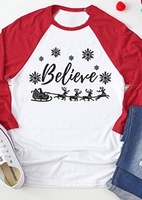 Christmas Believe Sleigh Snowflake Baseball T-Shirt Tee