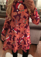 Christmas Gingerbread Printed Long Sleeve Swing Dress
