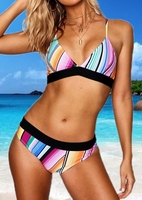 Colorful Striped Splicing Adjustable Strap Bikini Set