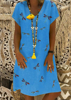 Dragonfly V-Neck Mini Dress without Necklace - Blue