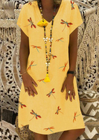 Dragonfly V-Neck Mini Dress without Necklace - Yellow