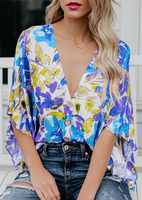 Floral Batwing Sleeve Button Blouse without Necklace - Blue