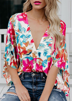 Floral Batwing Sleeve Button Blouse without Necklace - Red