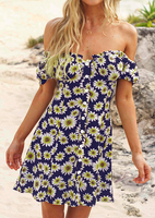 Floral Button Mini Dress without Necklace - Navy Blue