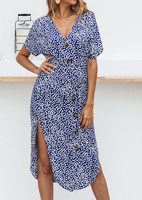 Floral Button Slit Casual Dress without Necklace- Blue