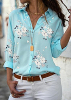 Floral Button Turn-Down Collar Shirt without Necklace - Sky Blue