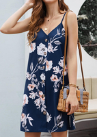 Floral Button V-Neck Mini Dress without Necklace - Navy Blue